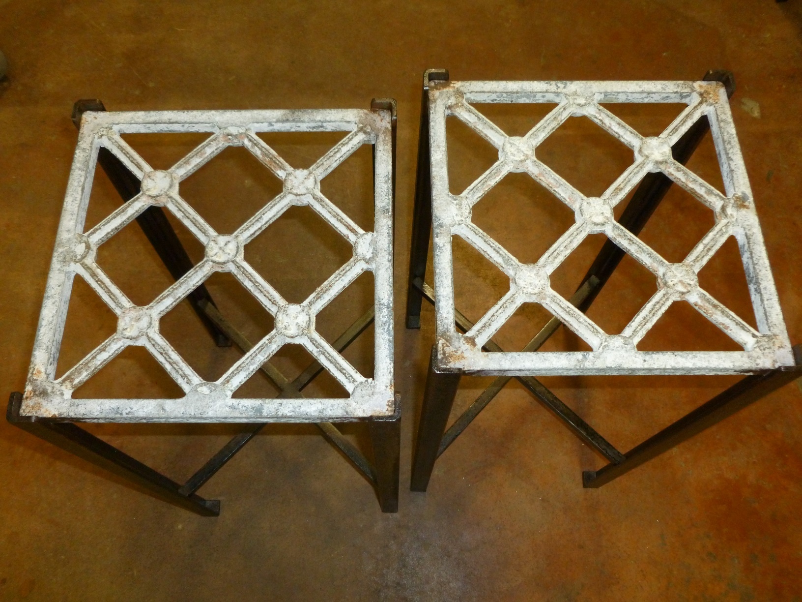 Pair of custom iron drink tables or end tables with a white, distressed finish.