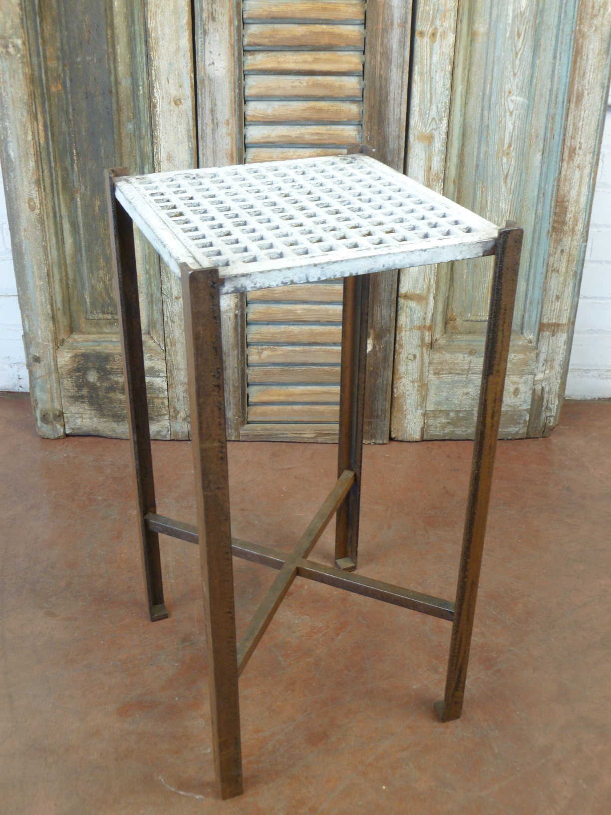 Custom iron drink/end table with a white, distressed finish.