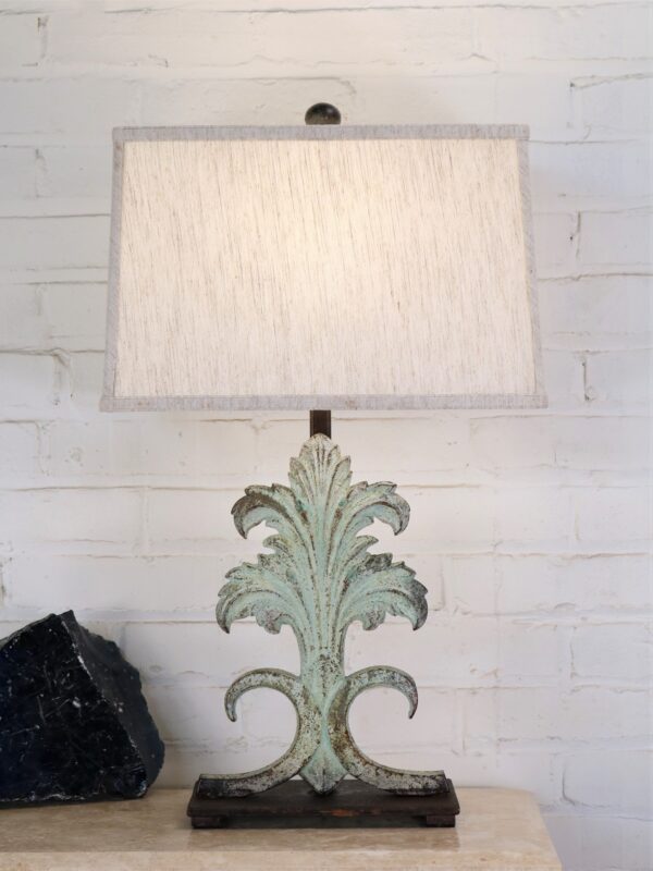 Custom iron table lamp, acanthus, iron base, patina green finish, linen lamp shade