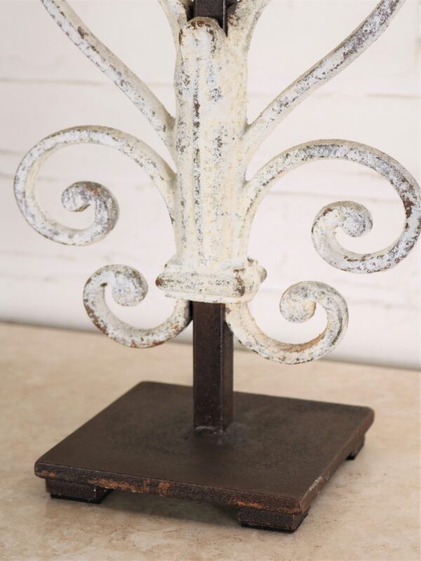 Heart scroll custom iron table lamp with white, distressed finish on dark iron base