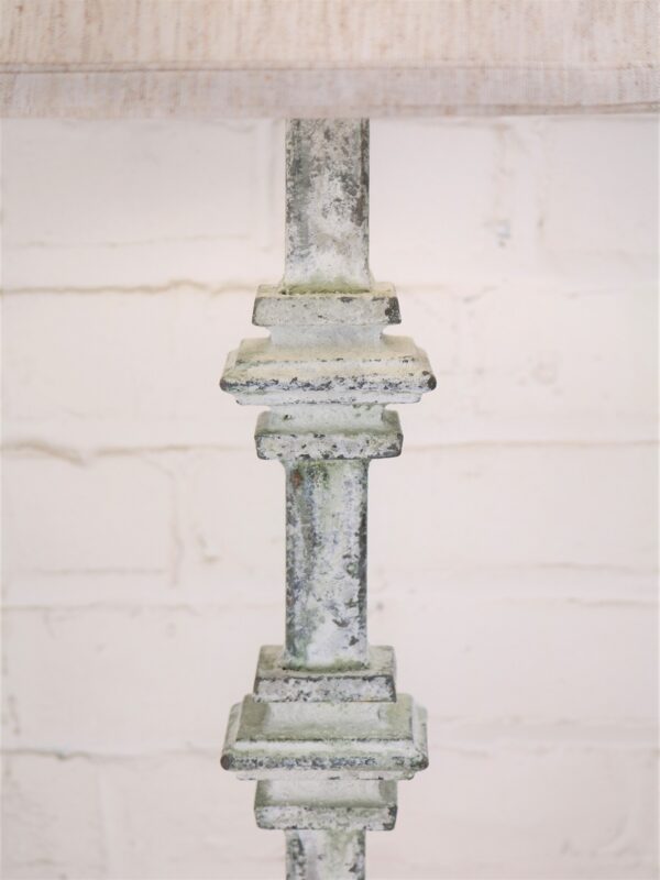 Square collar custom iron table lamp with a white, distressed finish.