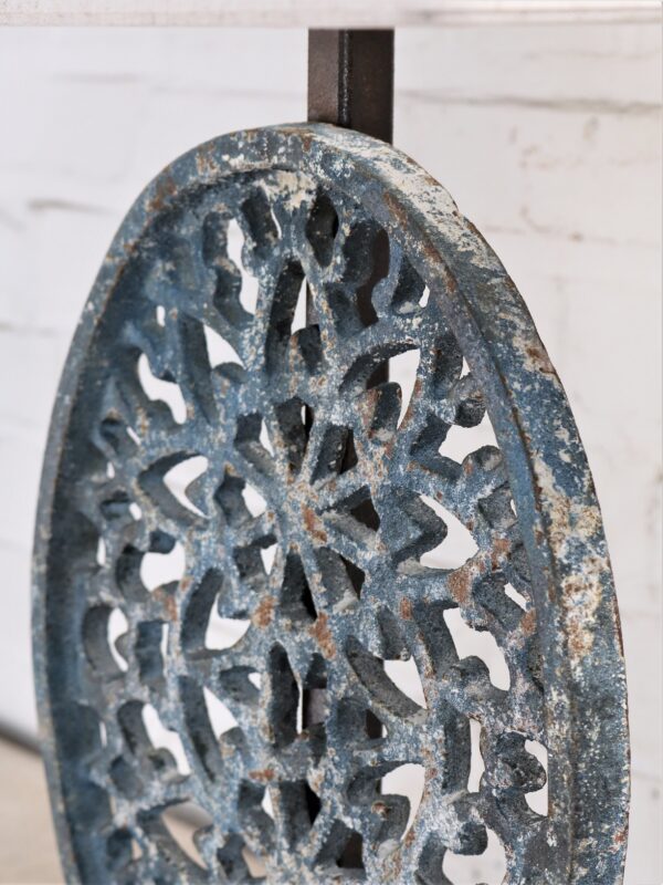 Filigree custom iron table lamp with a blue distressed finish.
