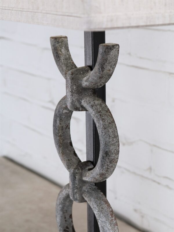 Rings custom iron table lamp with a gray, distressed finish.