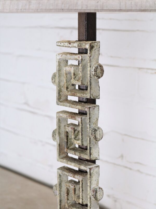 Meandros-greek key custom iron table lamp with a white, distressed finish.