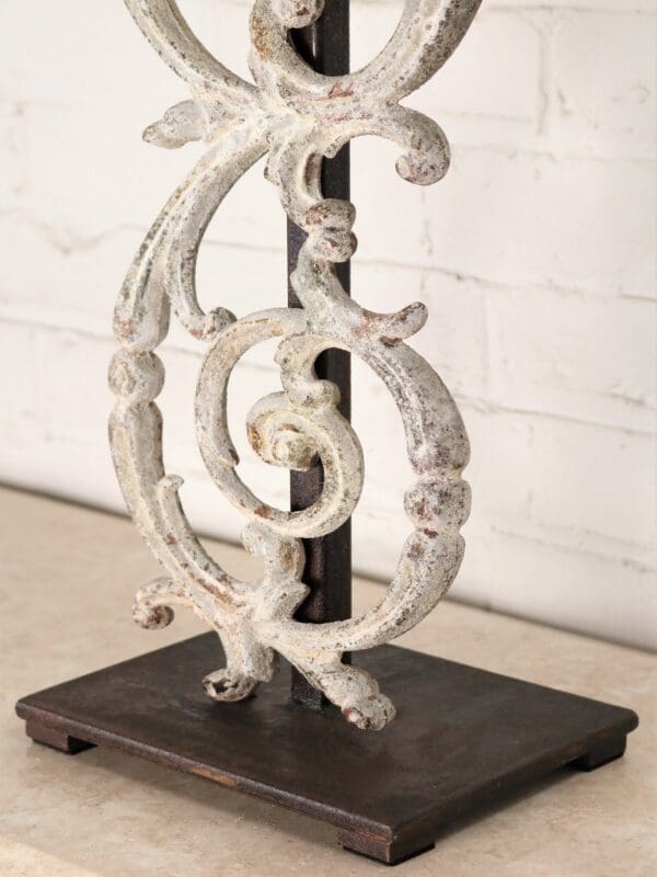 Pontalba custom iron table lamp with a white, distressed finish and a dark iron base.