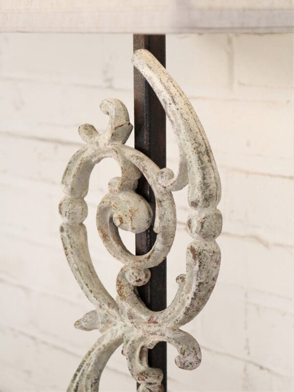 Pontalba custom iron table lamp with a white, distressed finish.