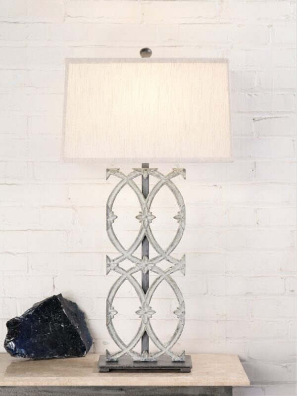 Cathedral custom iron table lamp with a white, distressed finish and a pewter base. Paired with a 17 inch rectangle linen lamp shade.