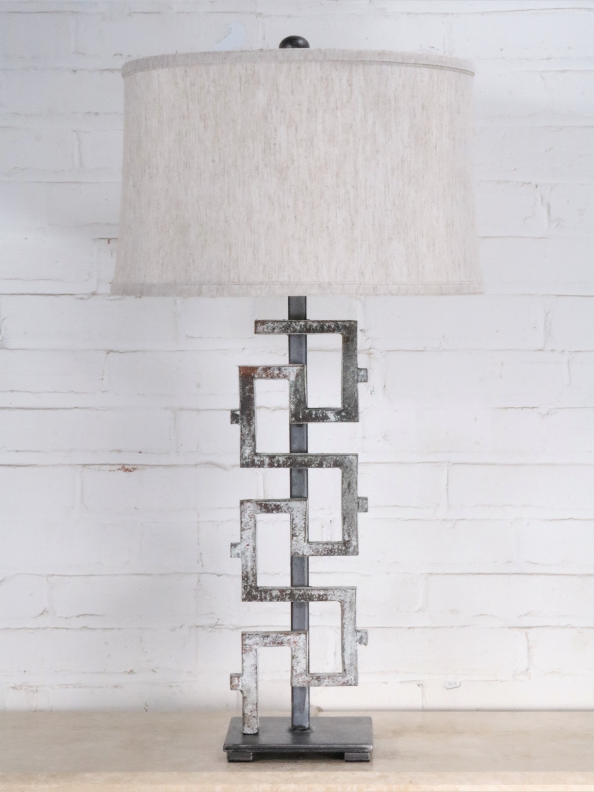 Small Greek Key Table Lamp Handcrafted, Small White Distressed Table Lamp