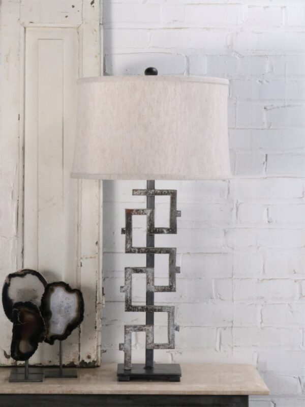 Small Greek key custom iron table lamp with a white, distressed finish and a pewter base. Paired with a 15 inch linen drum lamp shade.