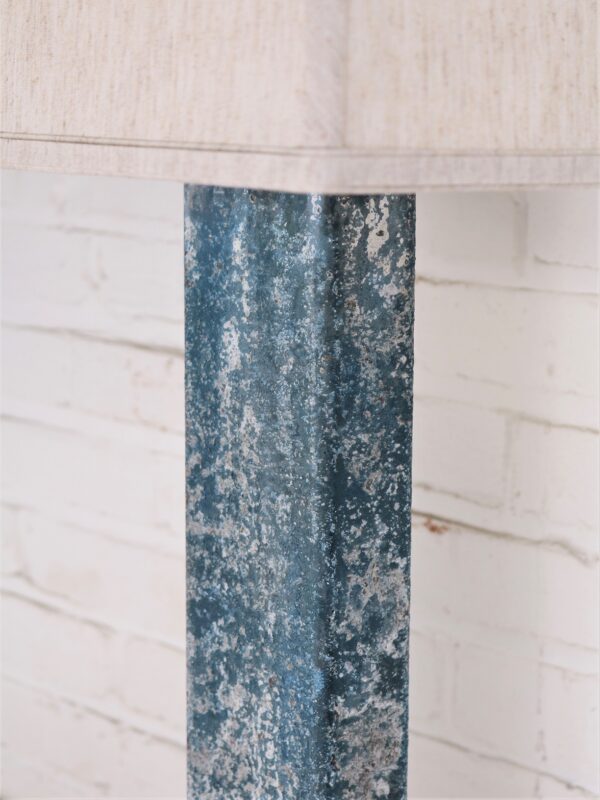 Rectangle column custom iron table lamp with a blue, distressed finish.