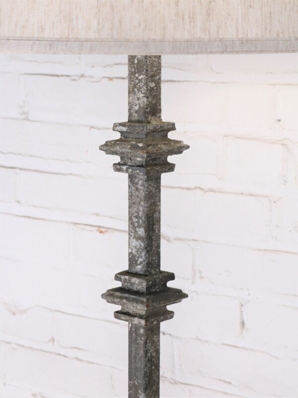 Square collar custom iron table lamp with a gray, distressed finish.