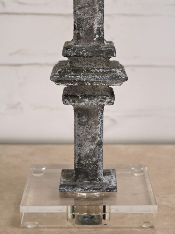 Square collar custom iron table lamp with a gray, distressed finish and an acrylic base.