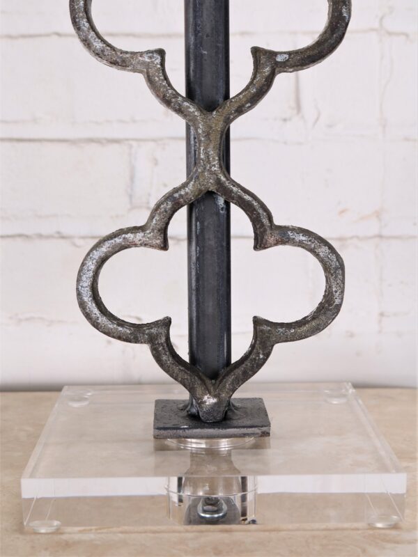 Quattuor custom iron table lamp with a gray, distressed finish and an acrylic base.