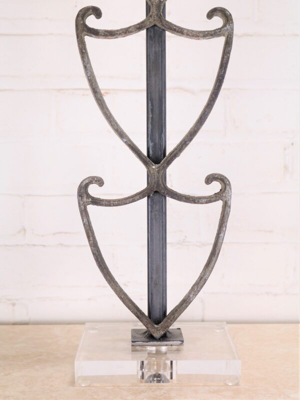 Shield custom iron table lamp with a gray, distressed finish and an acrylic base.