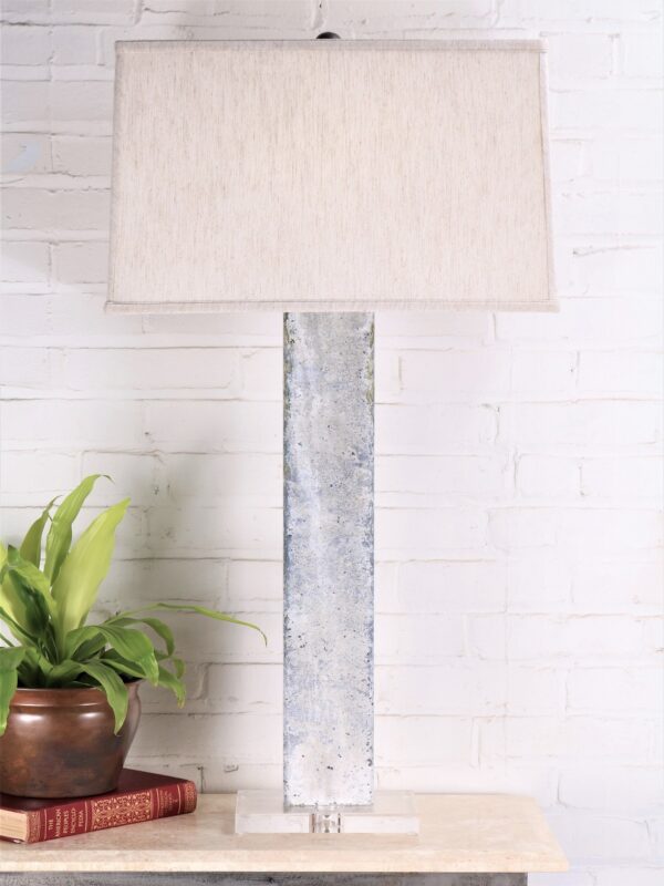 37 inch tall rectangle column custom iron table lamp with a white, distressed finish and an acrylic base. Paired with a 19 inch rectangle linen lamp shade.