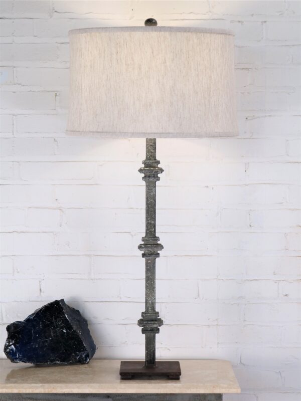 38 inch tall square collar custom iron table lamp with a gray, distressed finish and a dark iron base. Paired with a 17 inch linen drum lamp shade.