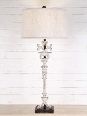 Corinthian column custom iron table lamp with a white, distressed finish and a dark iron base. Paired with a 15 inch linen drum lamp shade.