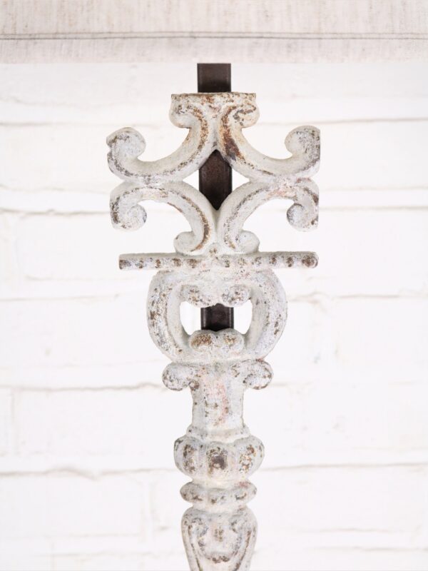 Corinthian column custom iron table lamp with a white, distressed finish.