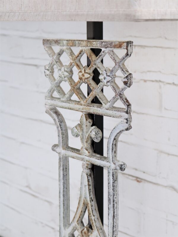French custom iron table lamp with a white, distressed finish.