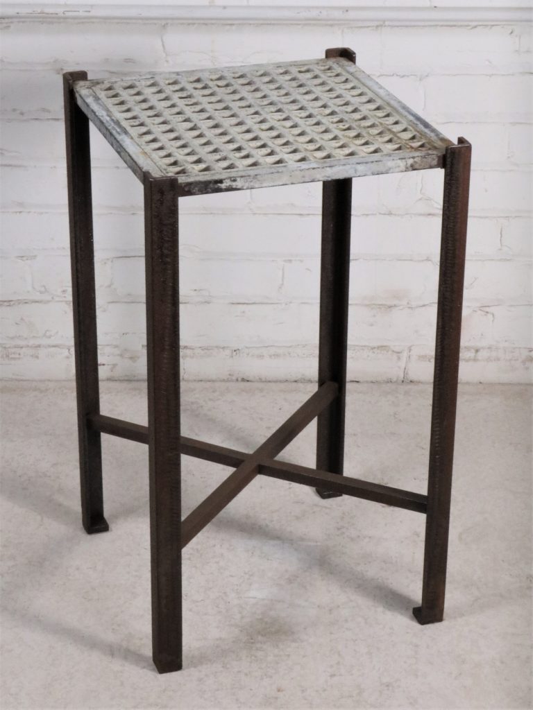 Ferro Designs LLC custom iron drink/end table with a white, distressed finish and a dark iron base.