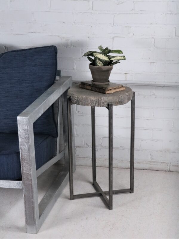 Ferro Designs LLC custom iron faux bois drink table or end table with a steel base finish.