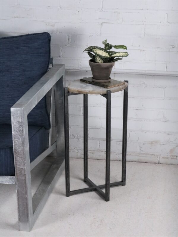 Ferro Designs LLC custom iron drink table or end table with a steel base finish and an agate slice top.