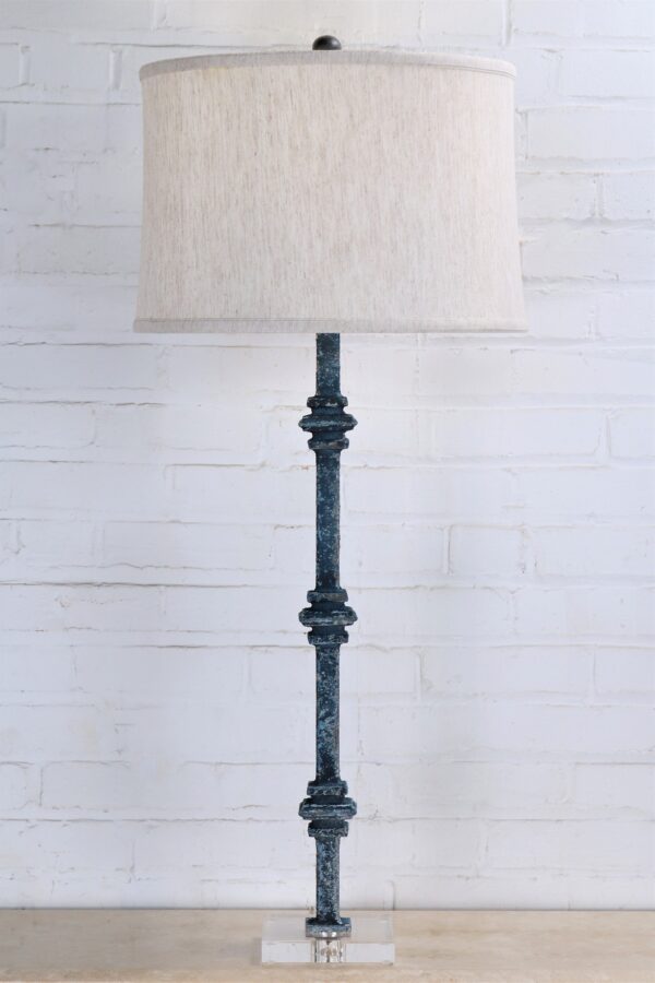 38 inch tall square collar custom iron table lamp with a blue, distressed finish and an acrylic base. Paired with a 17 inch linen drum lamp shade.