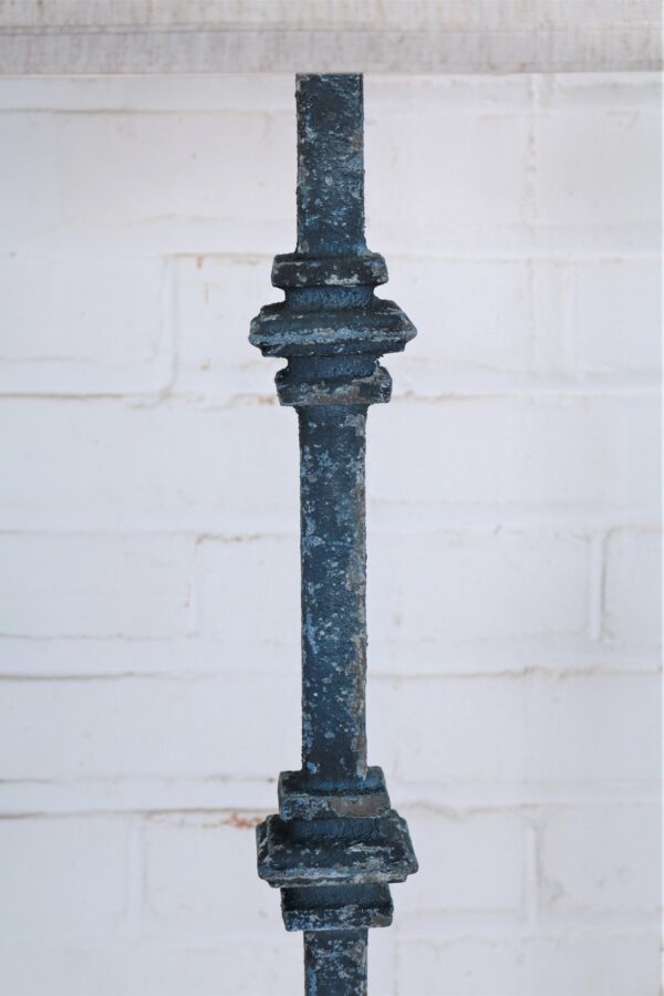 Square collar custom iron table lamp with a blue, distressed finish.