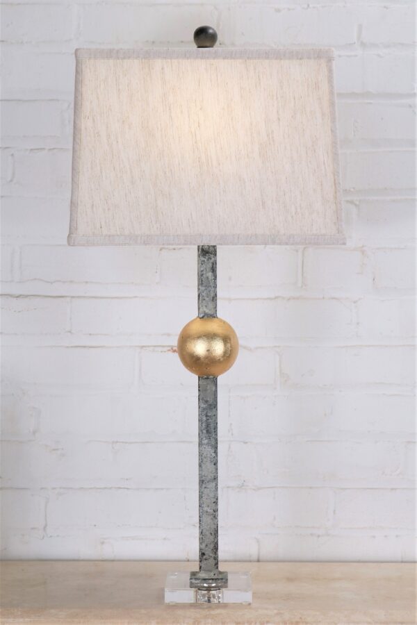 Gold leaf ball custom iron table lamp with a white, distressed finish and an acrylic base. Paired with a 14 inch linen rectangle lamp shade.