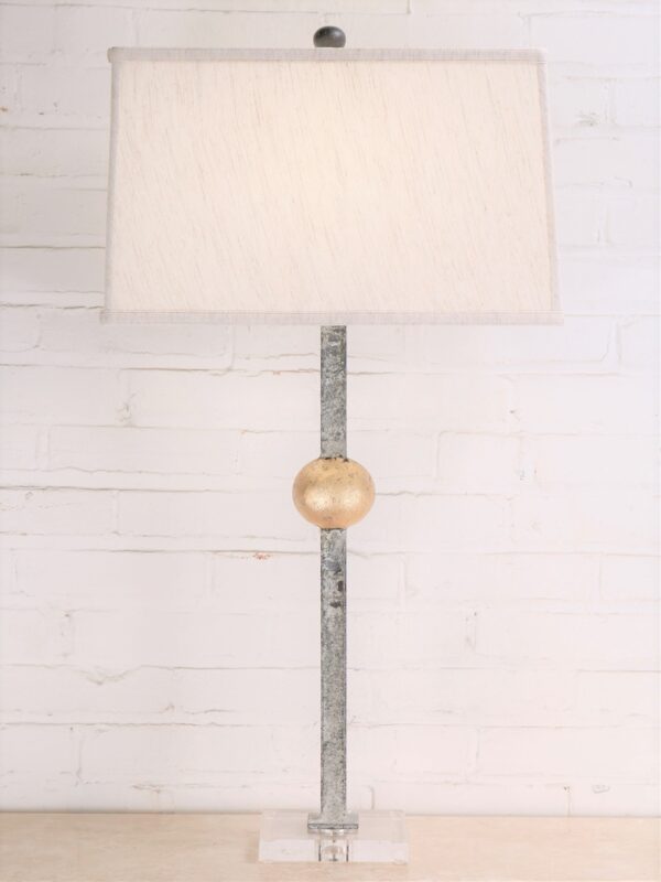 Gold leaf ball custom iron table lamp with a white, distressed finish and an acrylic base. Paired with a 16 inch linen rectangle lamp shade.
