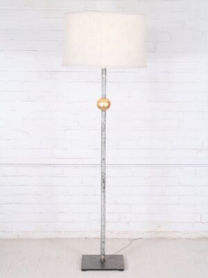 Gold ball custom iron floor lamp with a white, distressed finish and a gold leaf ball. Paired with a 19 inch linen drum lamp shade.