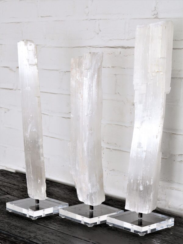 Selenite Crystal on Acrylic Base. Set of three